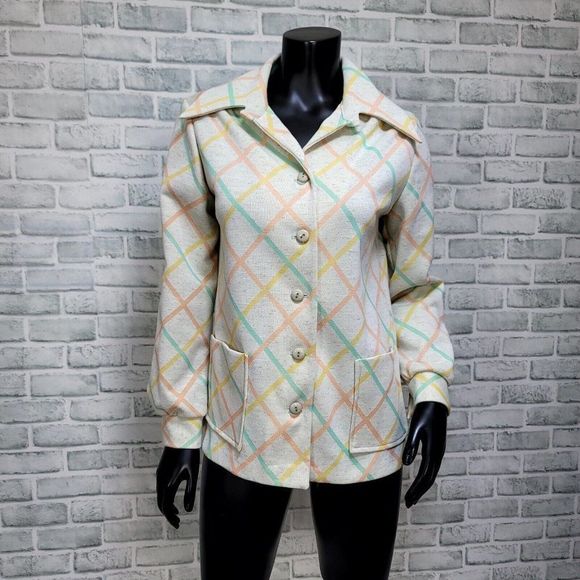 Vintage 70s Beige Polyester Pastal Plaid Oversized Collar‎ Button Up L/S - Picture 1 of 7